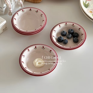 复古红边小花碟子家用餐具圆形小碟陶瓷餐具家用火锅烤肉碟