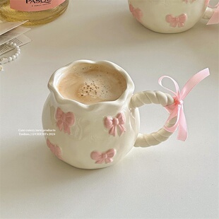 CHICHI's 2025NEW不规则手作浮雕粉色蝴蝶结咖啡陶瓷杯开学水杯子