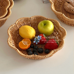 零食收纳编织篮花边果盘仿藤编制篮子水果收纳篮度假风厨房置物篮