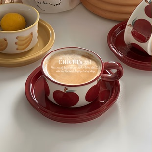 复古ins苹果图案陶瓷咖啡杯碟套装小众设计感马克杯伴手礼杯子