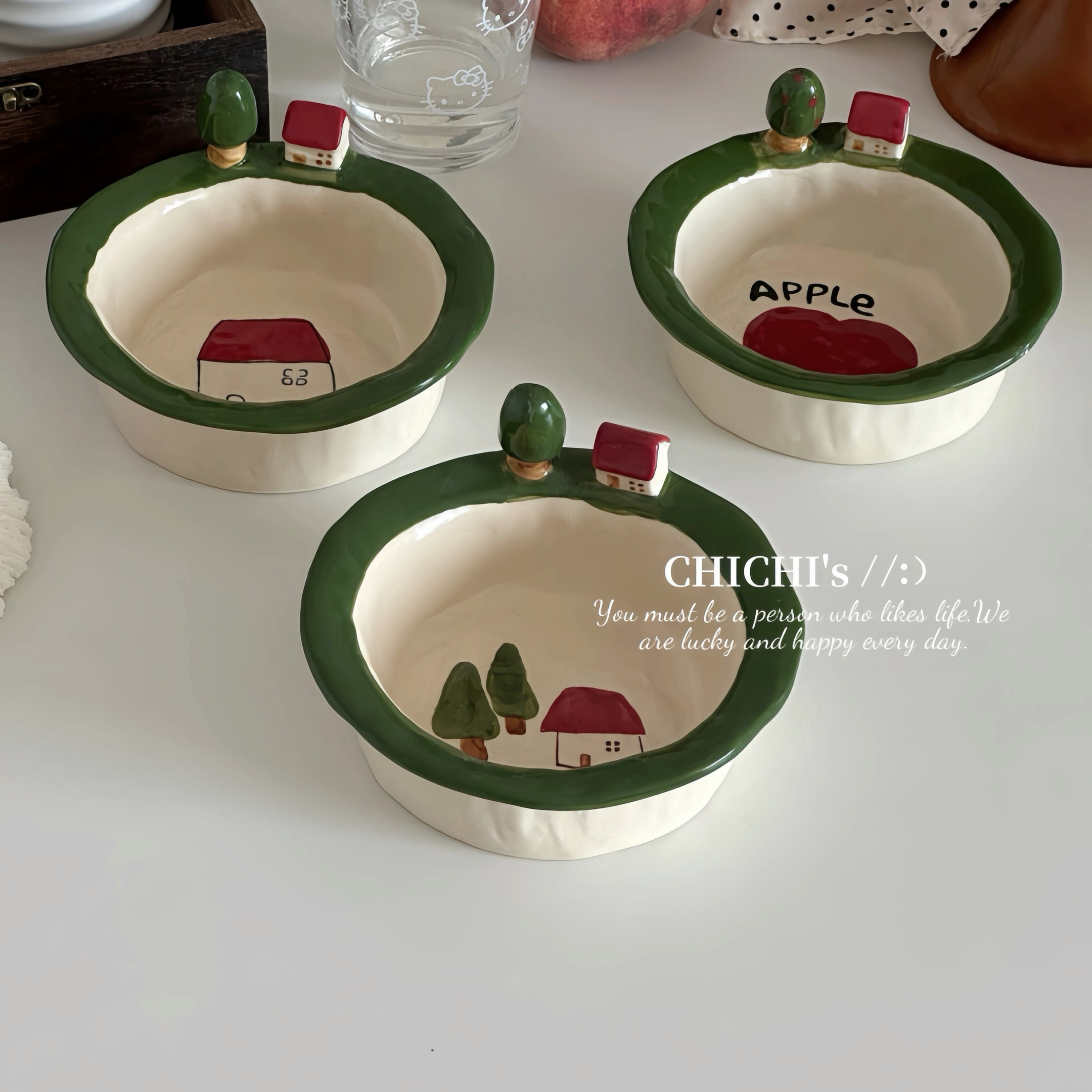 可爱卡通立体小树小房子釉下彩陶瓷米饭碗小孩碗燕麦片酸奶碗