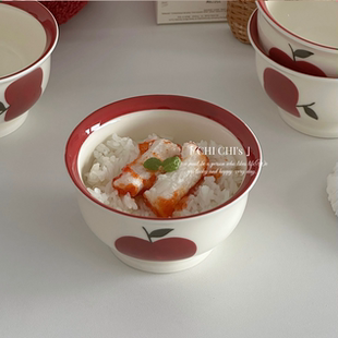 可爱苹果图案陶瓷碗家用手绘釉下彩早餐碗复古红描边设计感汤碗