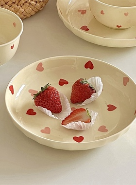 奶乎乎手绘红色小爱心釉下彩陶瓷餐盘家用米饭碗一人食女生餐具