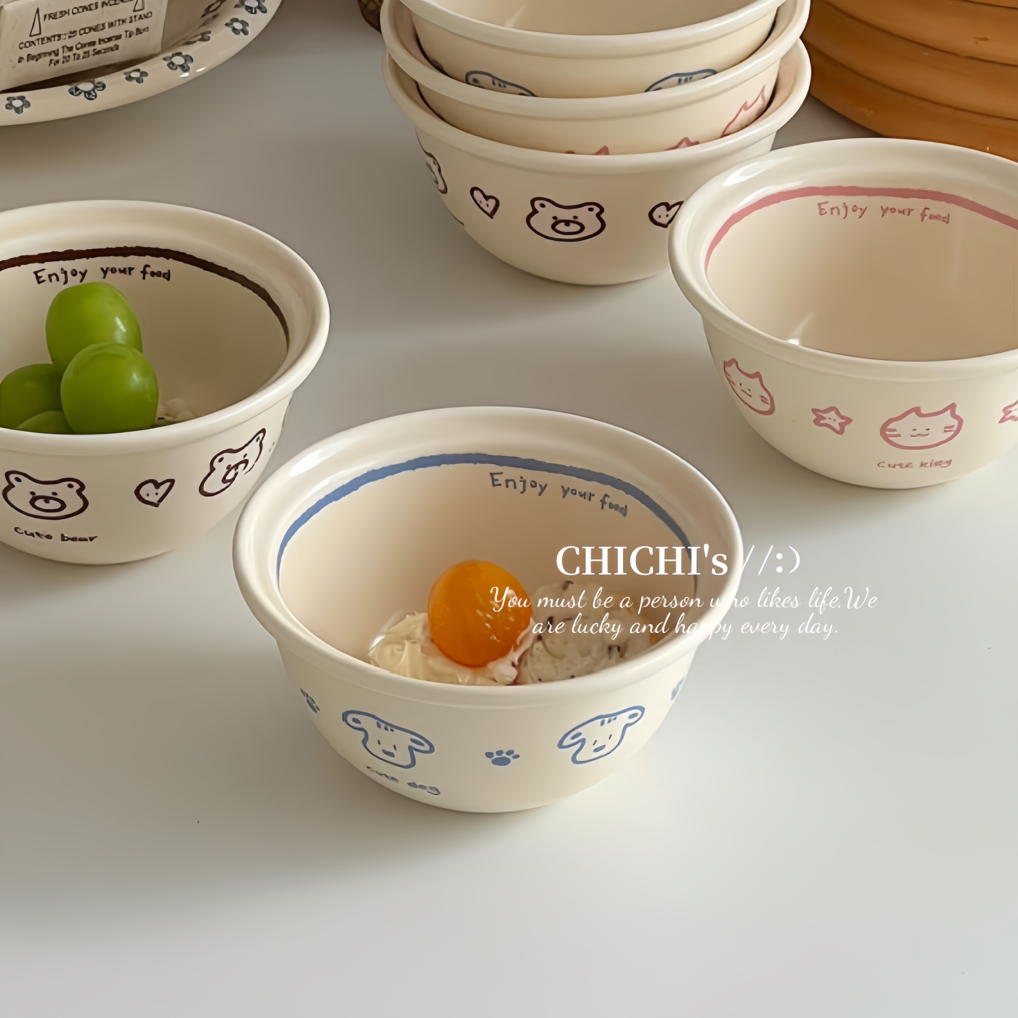 可爱ins风卡通小动物釉下彩陶瓷碗家用米饭碗面碗汤碗一人食小碗,餐饮具,碗,淘宝优惠券,粉丝福利购,淘宝优惠卷