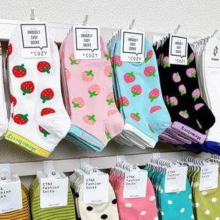 韩国代购袜子女东大门cozy春夏薄款假两件运动棉袜甜美草莓短袜