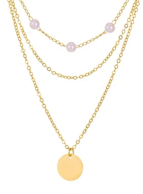 气质复古项链欧美爱心ins风吊坠珍珠锁骨链个性女圆片多层叠戴