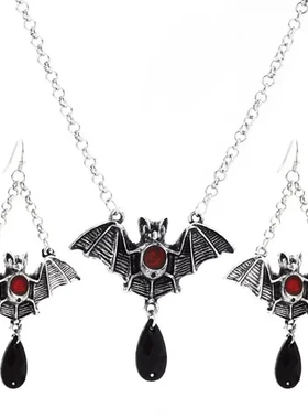 项链套装水滴十字架吊坠蝙蝠潮哥特风耳环万圣节红色新款暗黑夸张