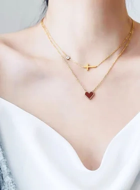 项链设计感小众2022年叠戴高级新款红色锁骨链十字架水晶红心爱心