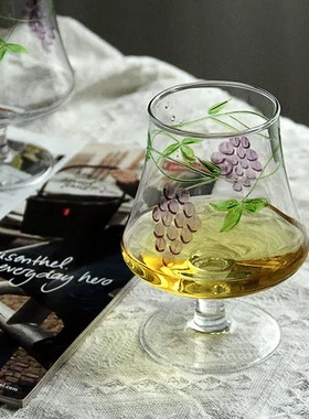 橙色玻璃高脚杯红酒杯手工复古中古葡萄酒杯Vintage彩绘红酒杯