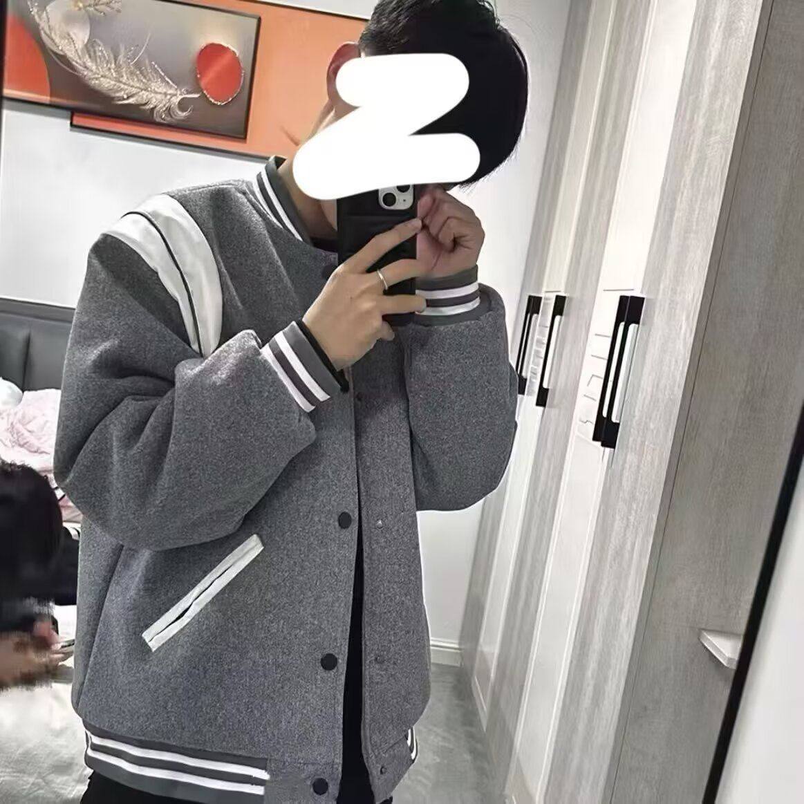 美式复古灰色拼接棒球服男款春夏季学院风毛呢外套短款情侣装夹克图片