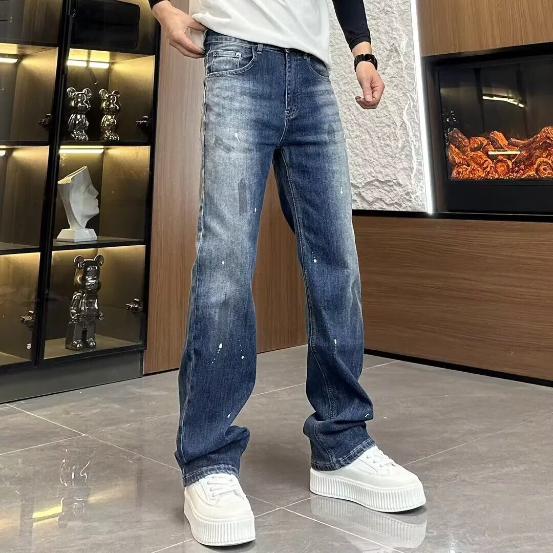 美式潮牌高街涂鸦扎染水洗牛仔裤男款2026新款修身直筒渐变色长裤图片