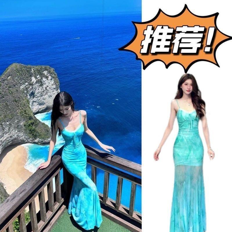 法式绝美步步生莲鱼尾连衣裙性感纯欲气质巨显身材碎花吊带长裙夏