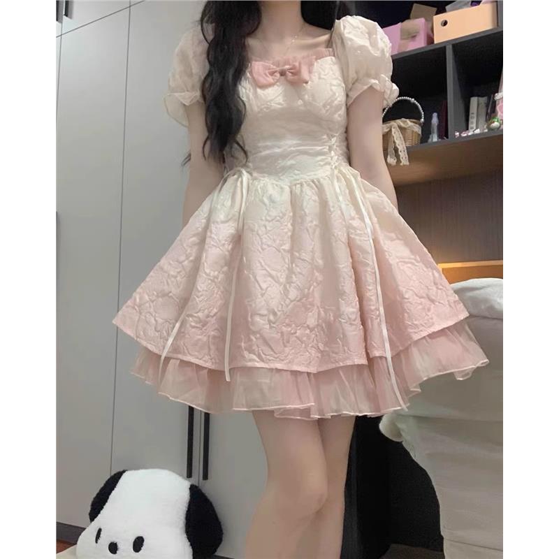 法式甜美短袖连衣裙子女夏季高级感气质仙女蓬蓬裙收腰小个子短裙