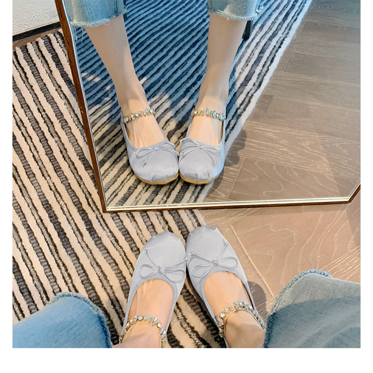 EVENING BREEZE GENTLE SINGLE SHOES FLAT SUMMER FRENCH BOW RHINESTONE SATIN BALLET MARY JANE SHOES