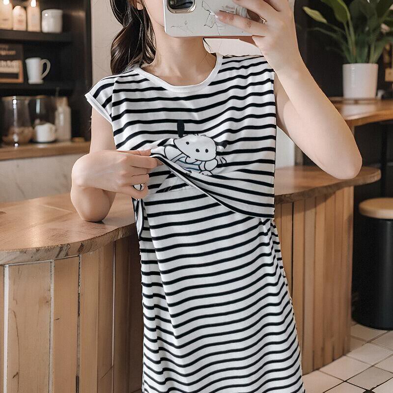 哺乳衣连衣裙外穿夏季无袖背心裙产后母乳期条纹喂奶衣月子服睡裙