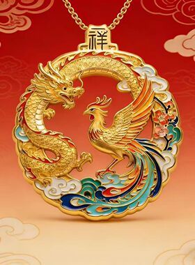 宝仓国潮龙凤呈祥珐琅彩镀金吊坠