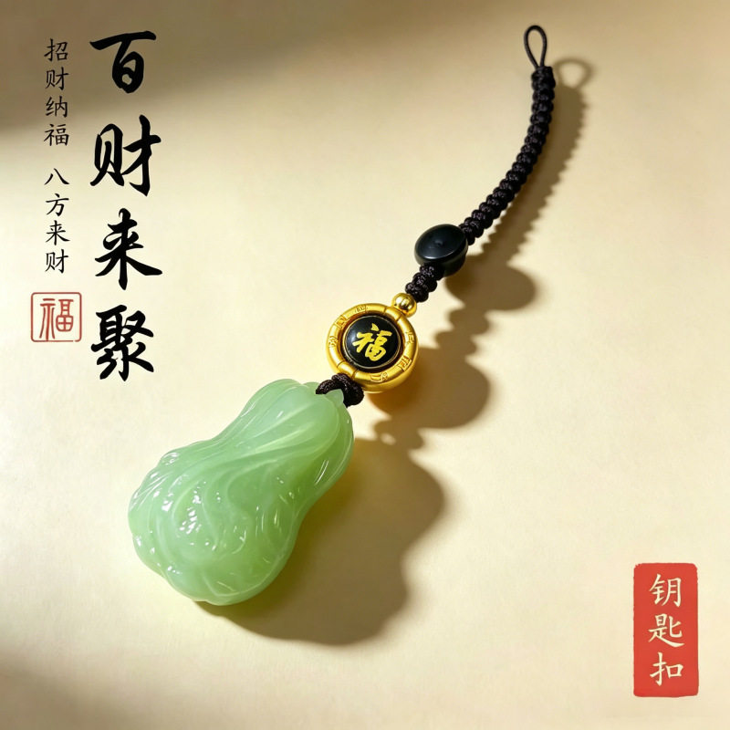百财来聚冰润绿玉白菜钥匙扣挂件