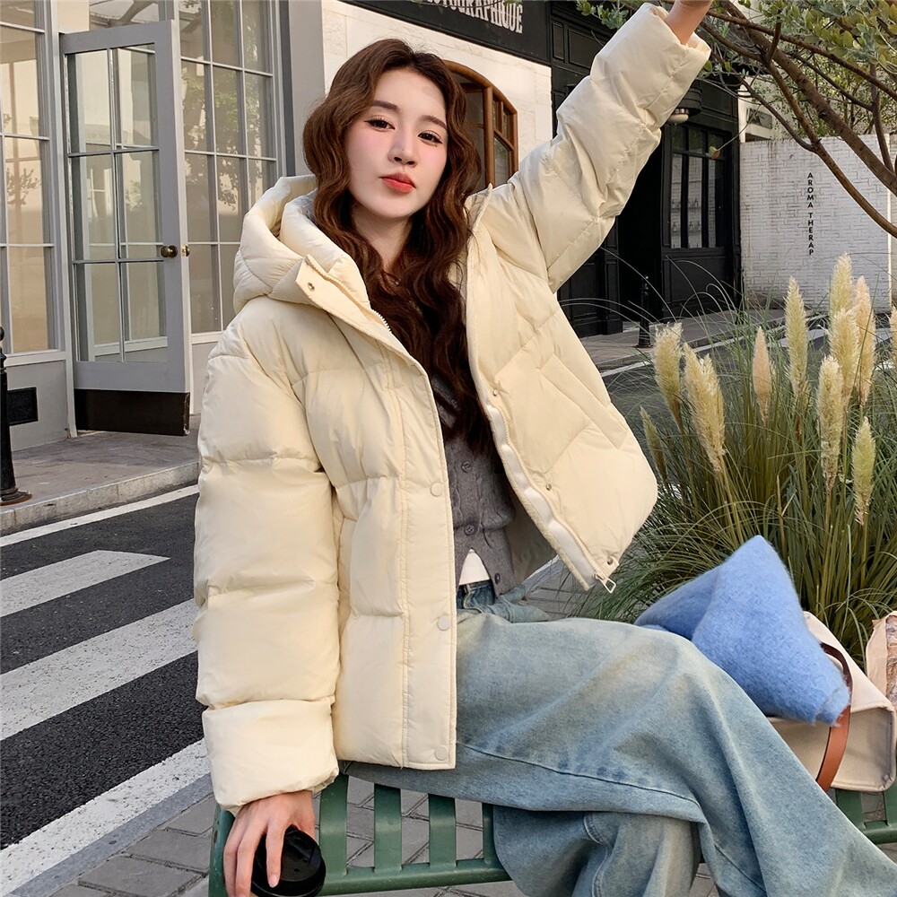 90白鸭绒羽绒服女冬短款宽松加厚ins小个子连帽白色面包服外套潮