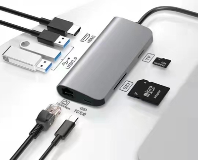 typecUSBC转hdmi4K+usb3.0*3+tf+sd+PD+rj45千兆8合1扩展坞集线器