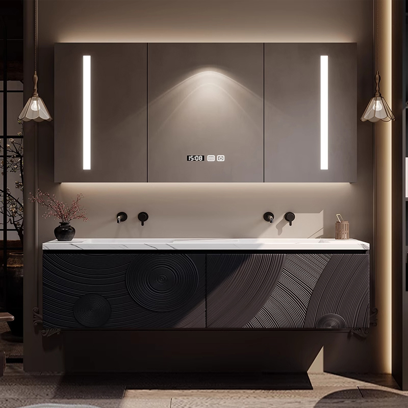 现代简约风浴室柜组合岩板陶瓷无缝盆卫生间洗手池双盆洗漱台定制