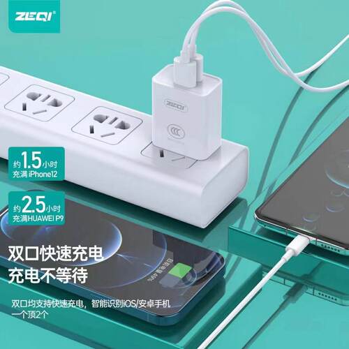 泽奇全兼容双USB插头手机充电器