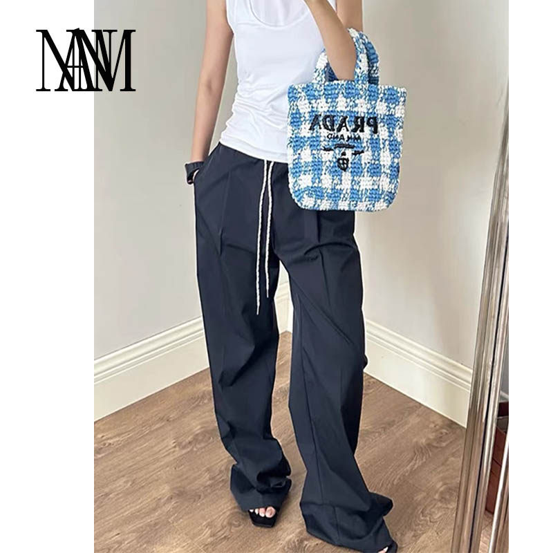 NAN百搭简约中性风显瘦撞色抽绳尼龙空气感松弛休闲长裤女直筒裤