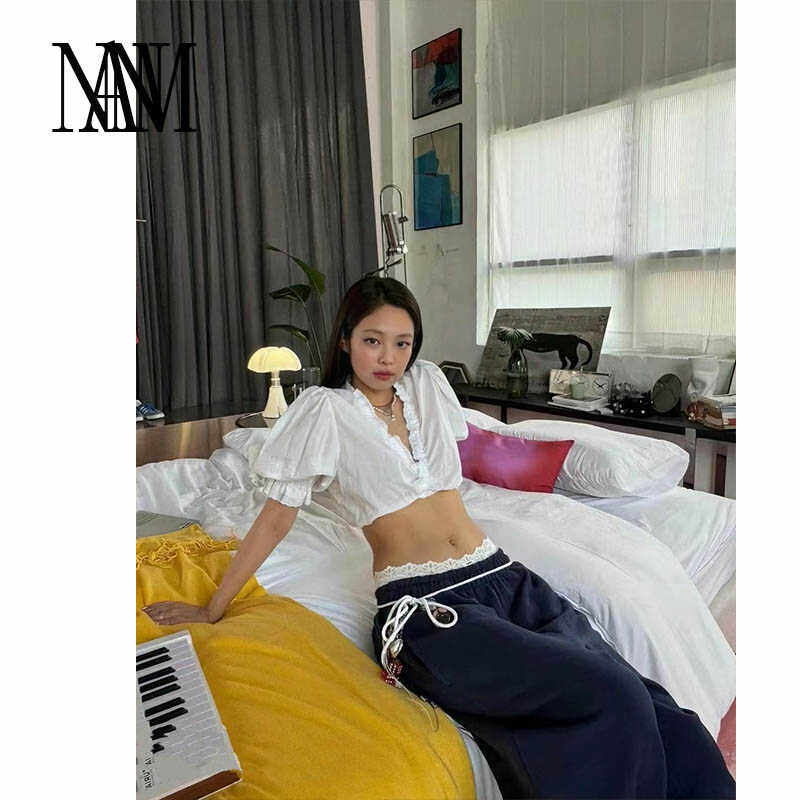 NANM Jennie法式短袖衬衫女刺绣小衫辣妹上衣休闲运动阔腿裤套装