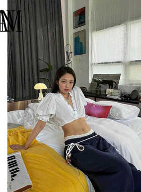 NANM Jennie法式短袖衬衫女刺绣小衫辣妹上衣休闲运动阔腿裤套装