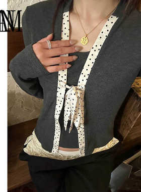 NANM修身显瘦叠穿假两件精致波点元素系带灰色针织长袖TEE女上衣