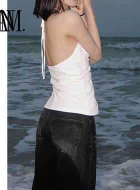 NAN M新款夏季抽褶褶皱露背棉挂脖吊带遮副乳挂脖背心女可叠穿