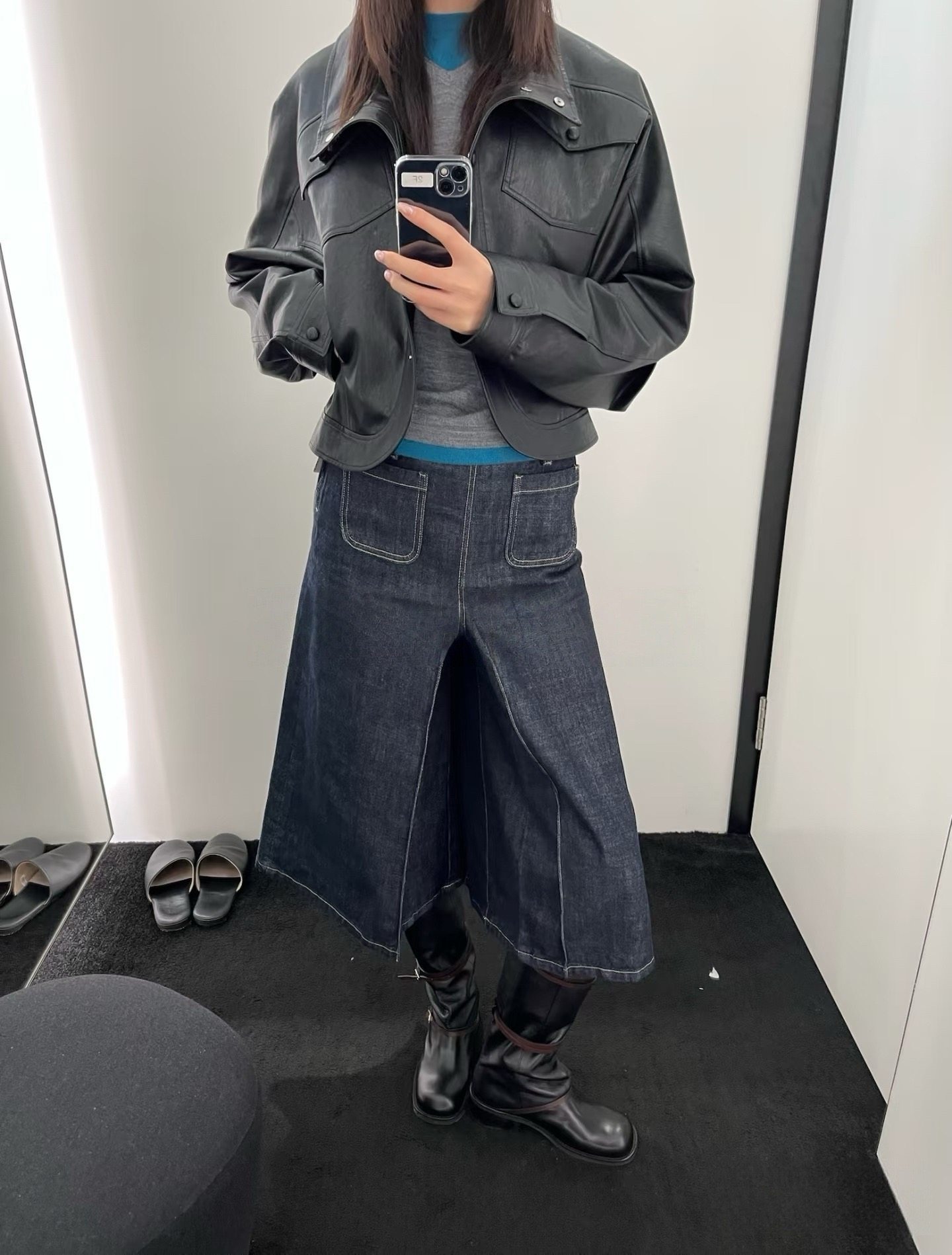 NAN新款时髦复古百搭原牛显瘦A型立褶7分阔腿裤女裙裤式牛仔裤