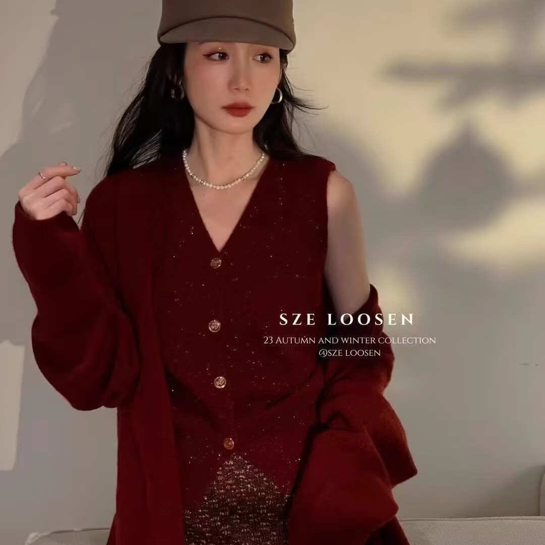 韩版红色毛衣针织开衫套装女秋冬新品宽松百搭显瘦马甲背心两件套