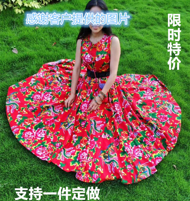 春秋原创新款东北大花布民族风连衣裙合唱服主持人表演服修身复古