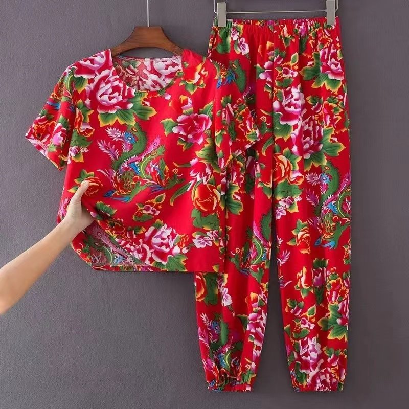 东北大花布衣服男女夏棉绸T恤姐妹闺蜜装聚会炸街网红套装表演服,女装/女士精品,时尚套装,淘宝优惠券,粉丝福利购,淘宝优惠卷