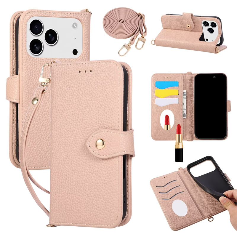 出口日本适用iPhone17promax/air/14/12/13/11荔枝纹叶子扣子斜挎背苹果16e翻盖手机壳15plus补妆镜子皮质se2