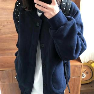外貿(mào)尾貨 加絨加厚高密保暖搖粒絨男女秋冬寬松棒球領(lǐng)夾克外套潮