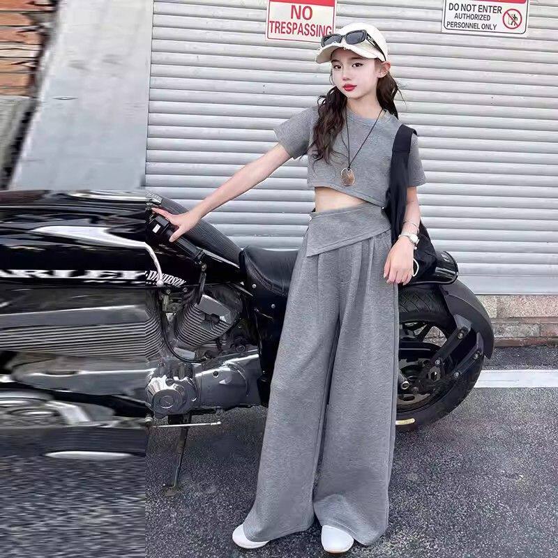 女童运动简约套装夏季洋气中大童小女孩不规则上衣阔腿裤两件套潮