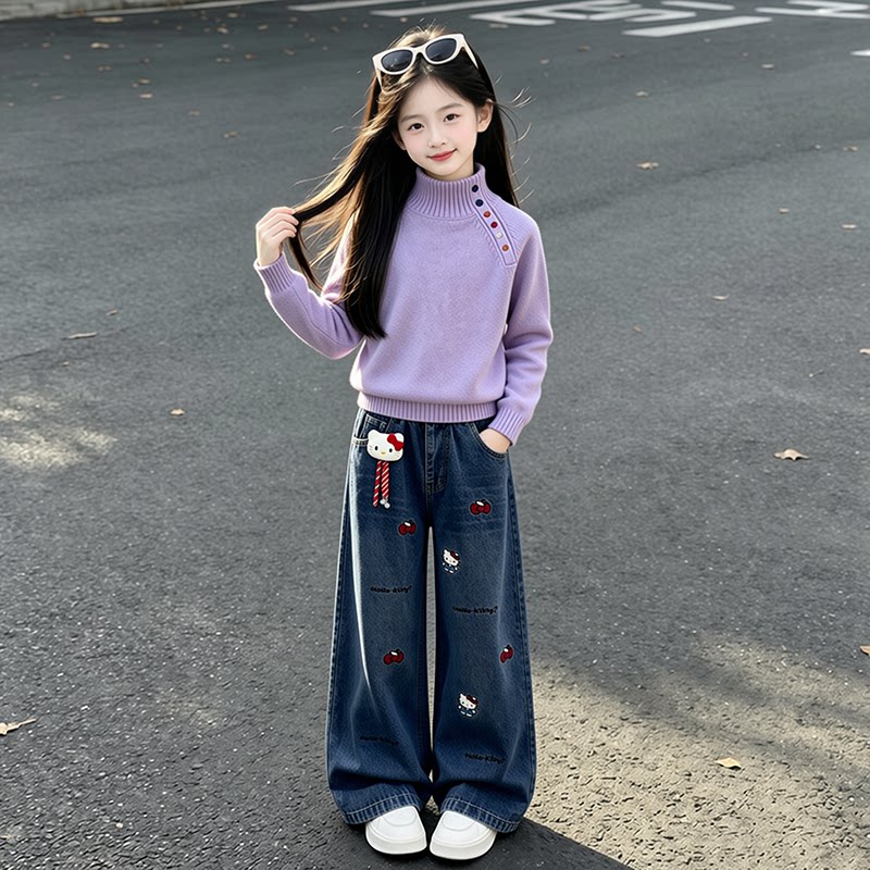 女童彩扣毛衣套装春秋2026新款儿童洋气高领针织衫牛仔裤两件套潮