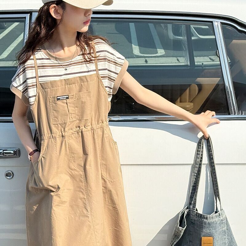 女童连衣裙夏装韩版洋气中大童时髦背带裙小女孩条纹假两件裙子潮