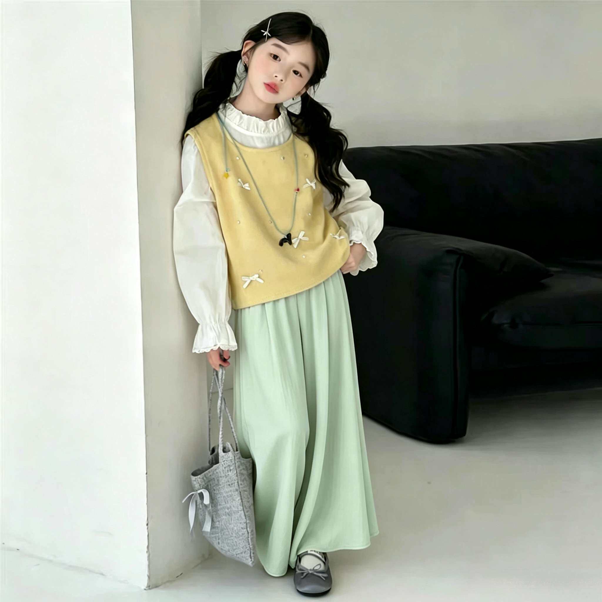 女童衬衫马甲套装秋冬装2026新款儿童阔腿裙裤中大童叠穿长袖上衣