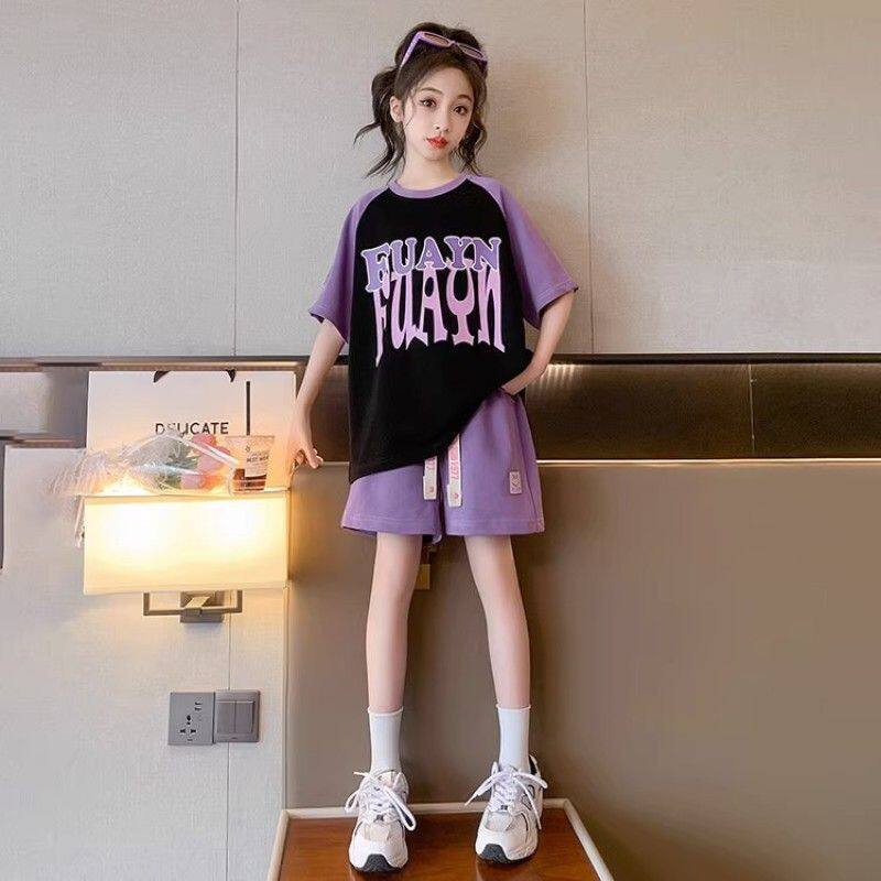 女童休闲运动套装夏季洋气时髦中大童小女孩拼色短袖五分裤两件套
