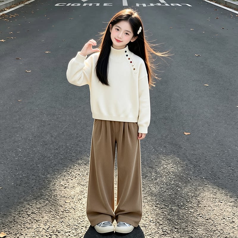 女童秋季套装学生慵懒风针织毛衣牛仔阔腿裤两件套中大童韩系穿搭