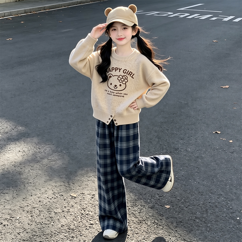 女童圆领毛衣秋冬2026新款中大童儿童格子长裤小女孩时髦洋气套装