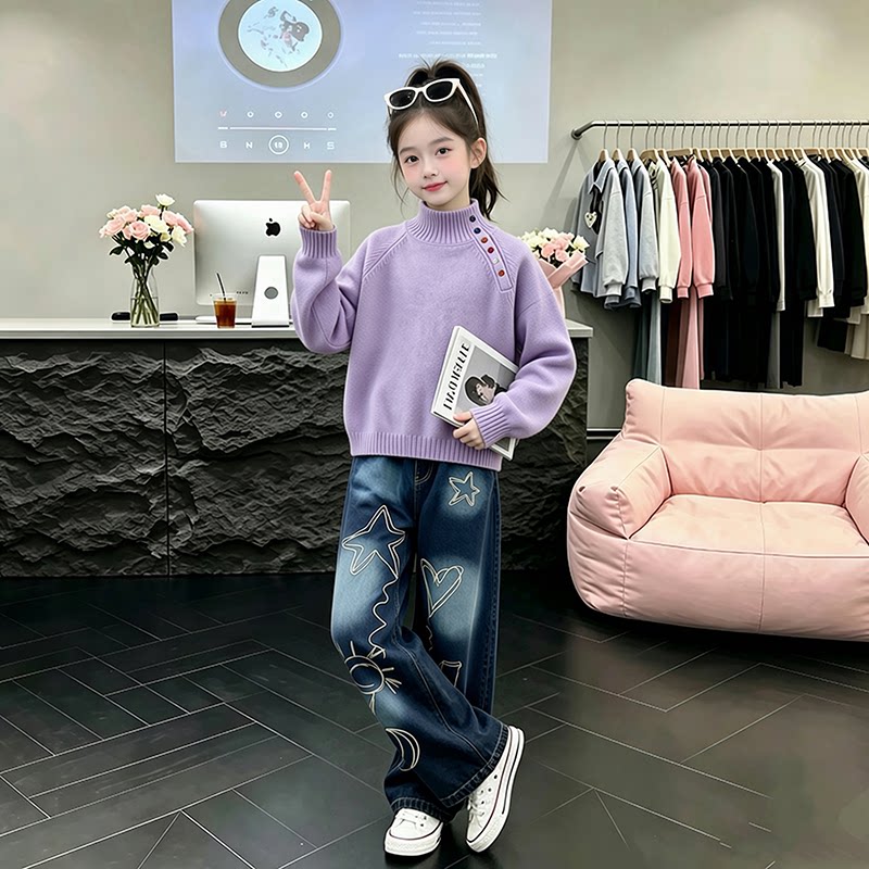 女大童洋气炸街套装秋2026新款儿童秋装纽扣毛衣牛仔裤时髦两件套