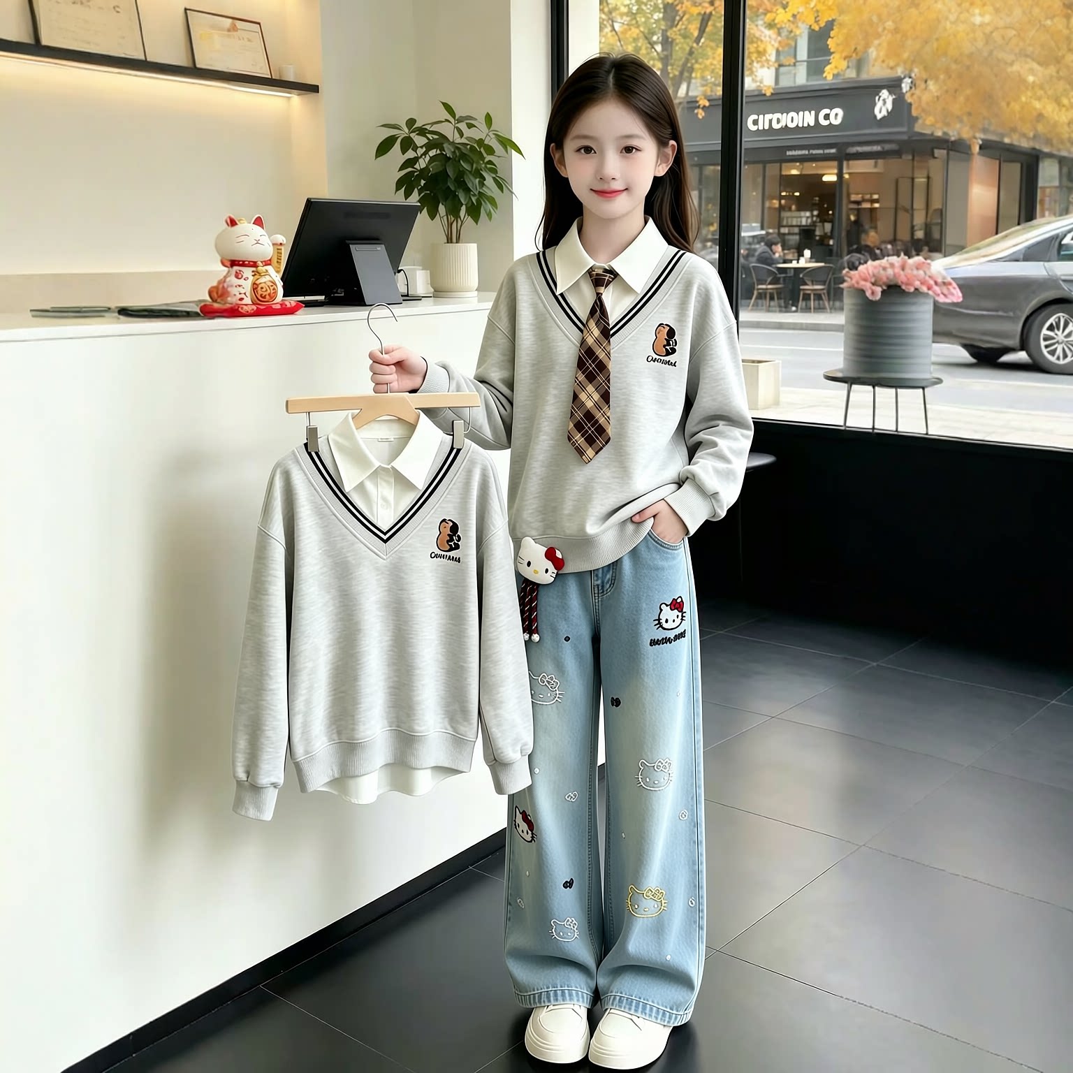 女童学院风假两件卫衣套装秋季2026新款女孩kt猫咪刺绣卡通牛仔裤
