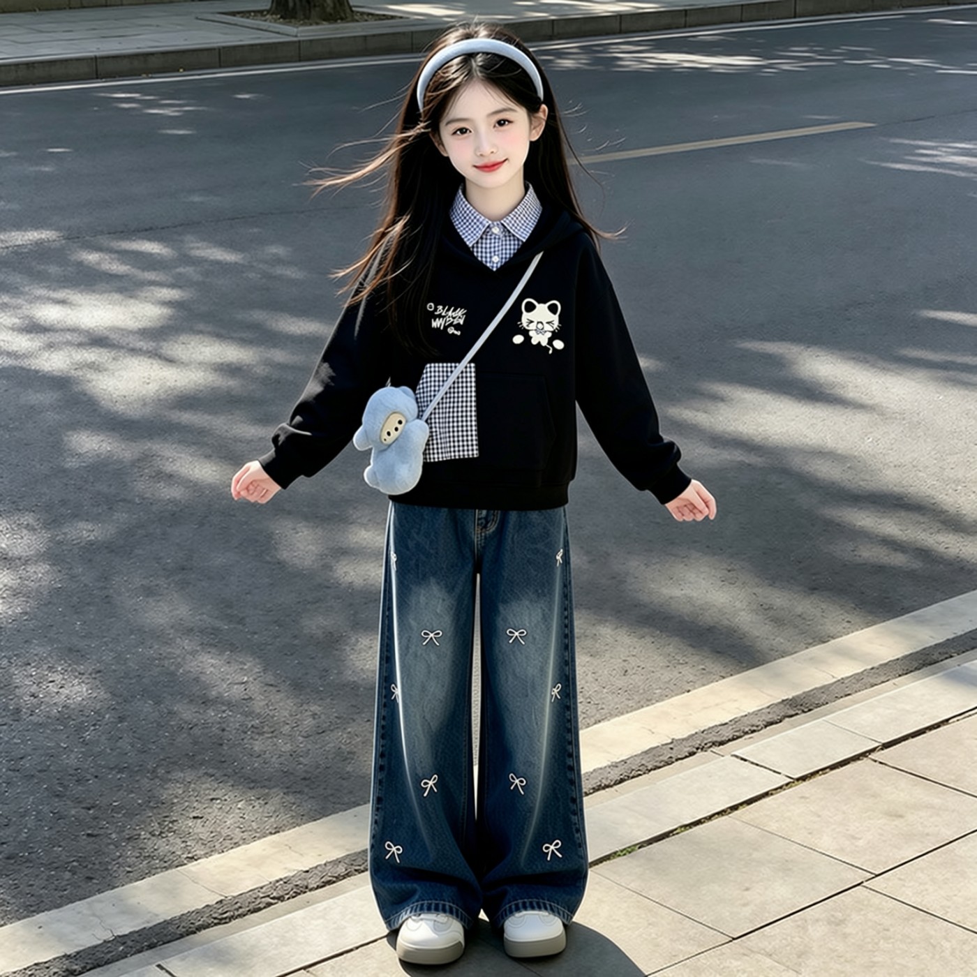 女童连帽卫衣套装春秋2026新款儿童卡通秋装女孩刺绣牛仔裤两件套