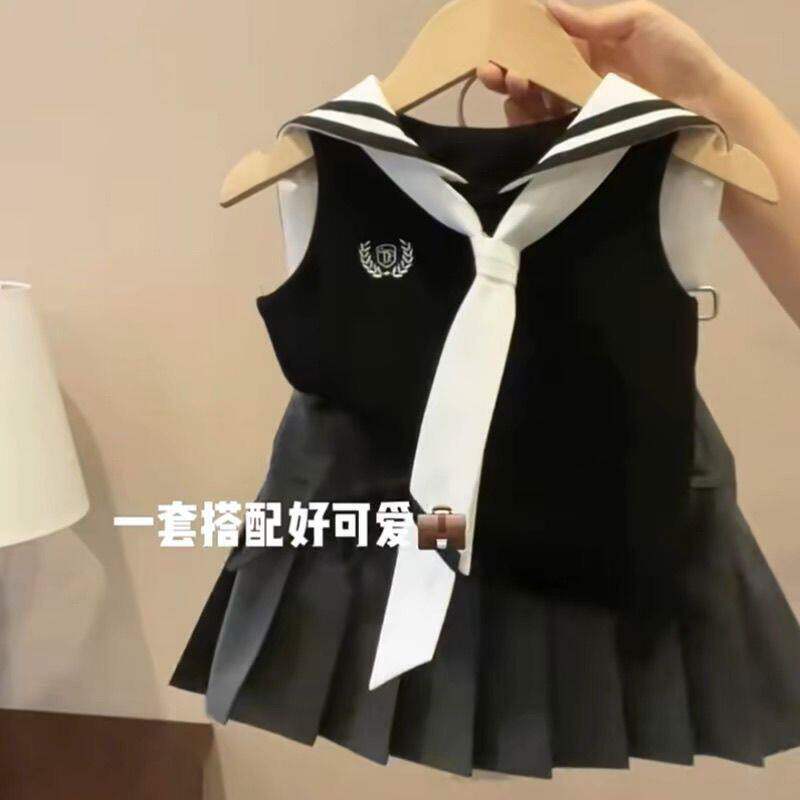 女童学院风套装裙夏季洋气中小童宝宝海军领无袖背心百褶裙两件套
