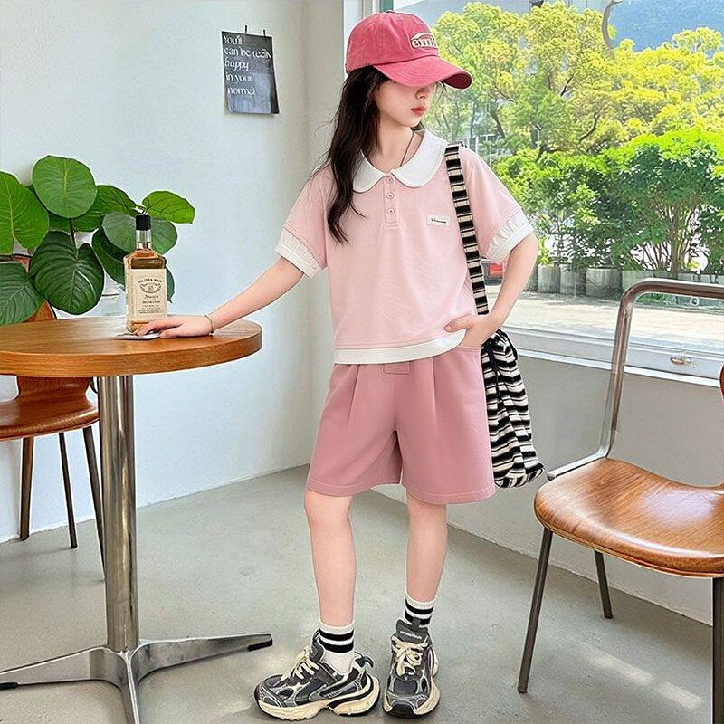 女童POLO衫套装夏季韩版洋气中大童小女孩学院风短袖短裤两件套潮