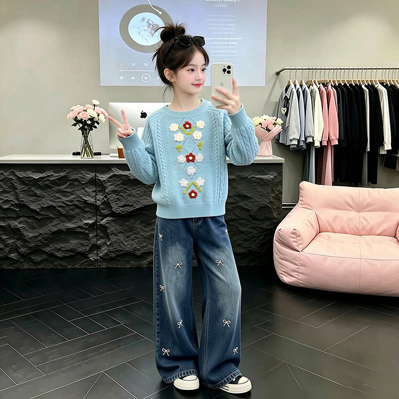 女童毛衣春装套装2026新款洋气儿童中大童潮酷针织衫牛仔裤两件套