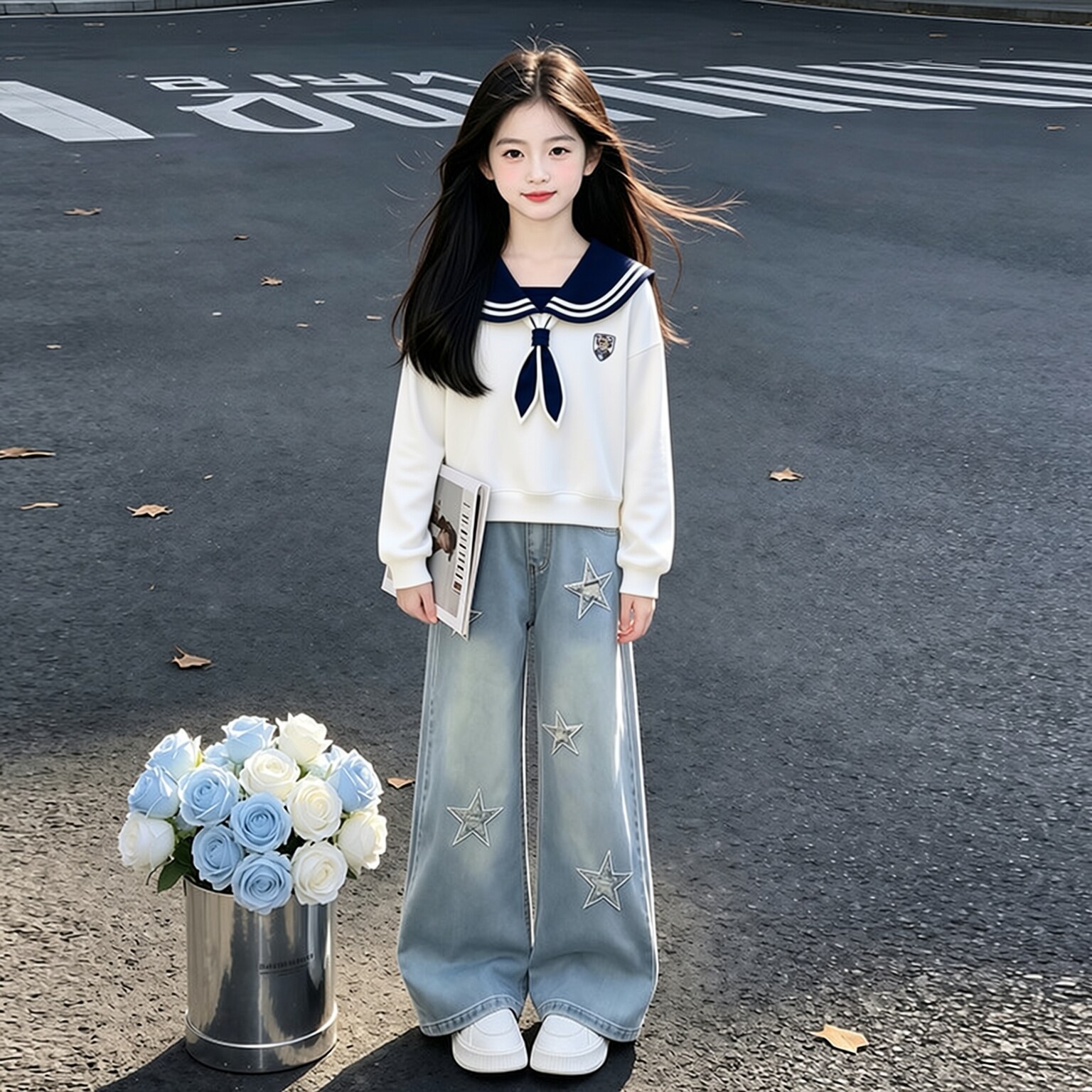女童海军领卫衣套装2026秋季新款女童运动风休闲牛仔阔腿裤两件套